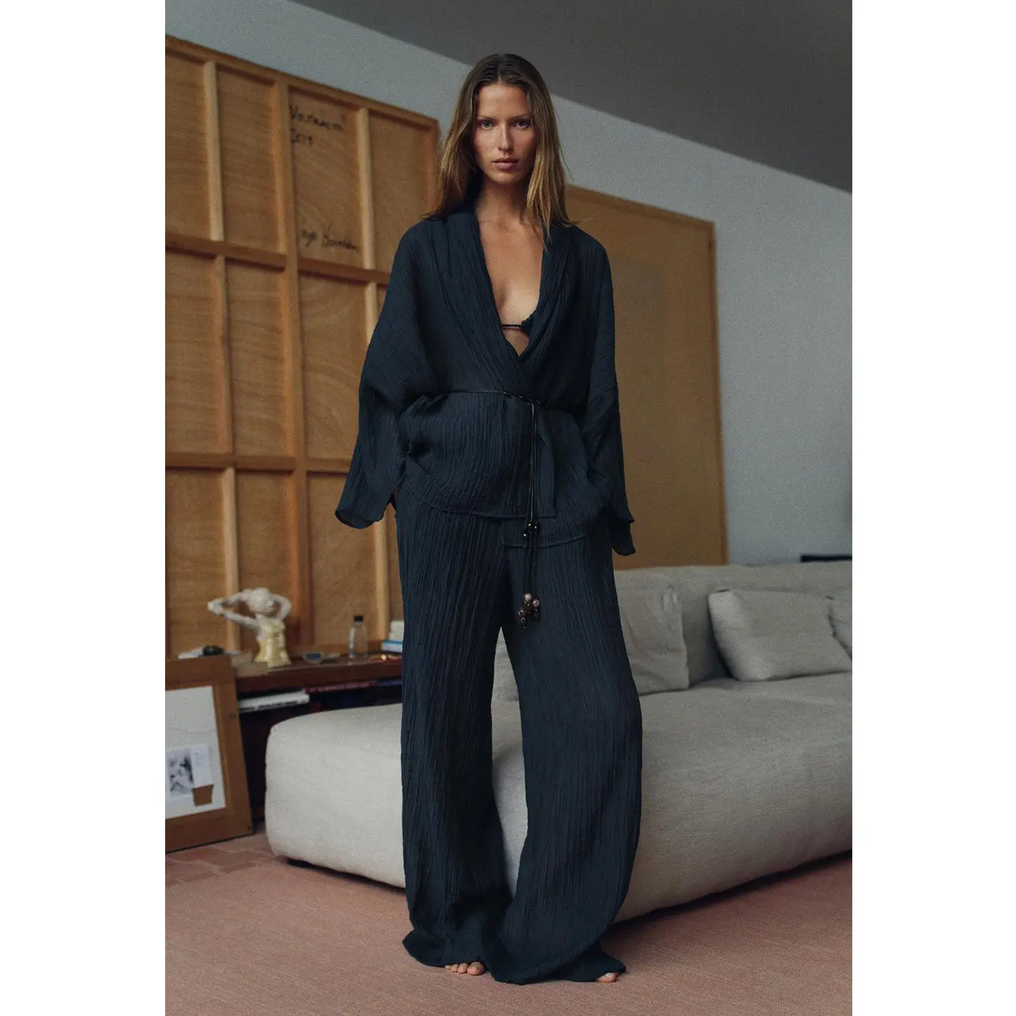 High Waist Elastic Waist Wide Leg Pants V Neck Beaded Waist Belt Jacket Long Sleeve Summer Fashion Set Women's Outfit