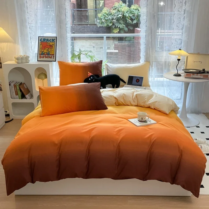 Orange Gradient Duvet Cover Sets Luxury Nordic Style Modern Bedding Set Queen Full Kids Teens Bed Sheets 4pcs Sets for Women Men