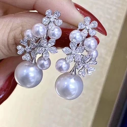 Huitan Luxury Aesthetic Pendant Earrings Female Wedding Party Jewelry with Simulated Pearl Flower Accessories for Engagement