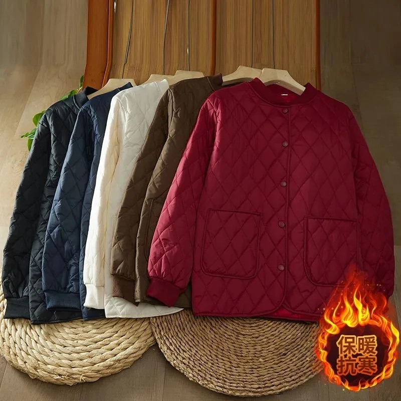 2025 Autumn Winter New Cotton Diamond grid Lightweight Jacket Women's loose Short style Solid color Coat Female Casual tops