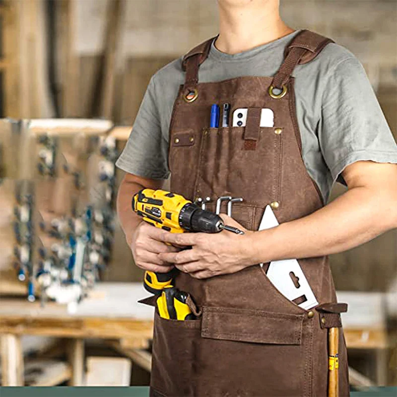 Thickened Work Apron with Tool Pockets Durable Unisex Canvas Adjustable Cross Straps Apron- Mechanic Carpenter Painting Home BBQ