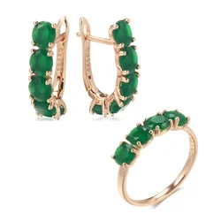 Wbmqda Hot Emerald Round Cut Zircon Earrings Ring For Women 585 Rose Gold Color Luxury Green Zircon Setting Retro Jewelry Sets