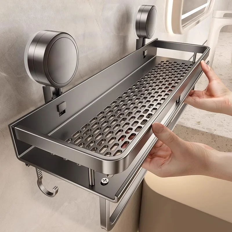 

Kitchen Storage Rack Vacuum Suction Cup Rust-proof Wall-mounted Shower Rack with Drain Hole and Towel Hook Bathroom Storage Rack