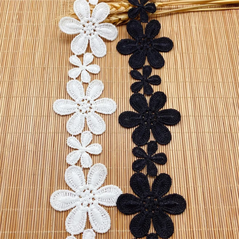 5CM Wide White Black 3d Flowers Lace Appliques Embroidered Fringe Ribbon Collar Neckline Trim Dress Guipure Fabric Sewing Decor