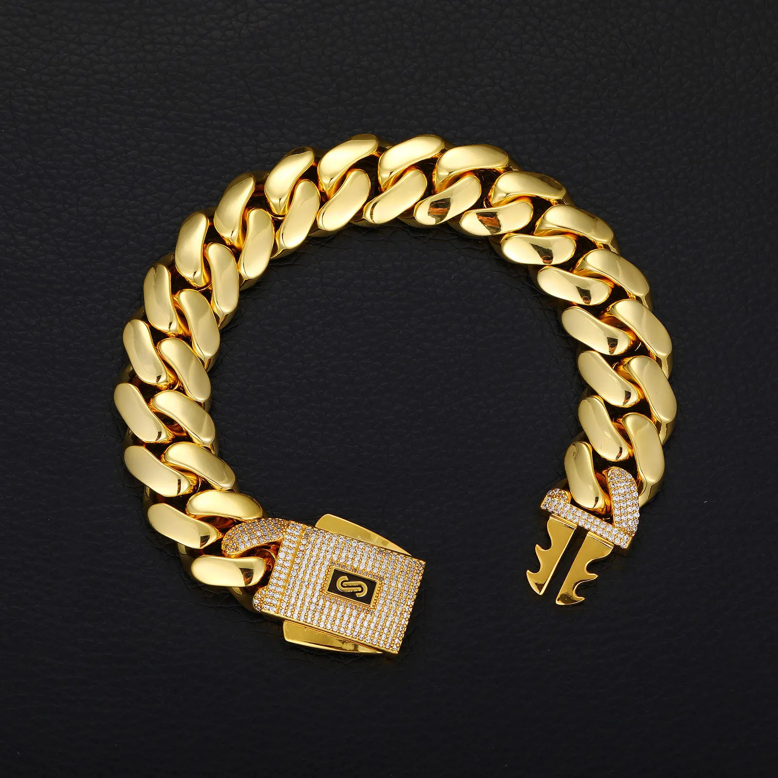 

Hip Hop 18K Copper Inlaid Zirconia Smooth Cuban Chain Men's Trendy High-End Bracelet Jewelry