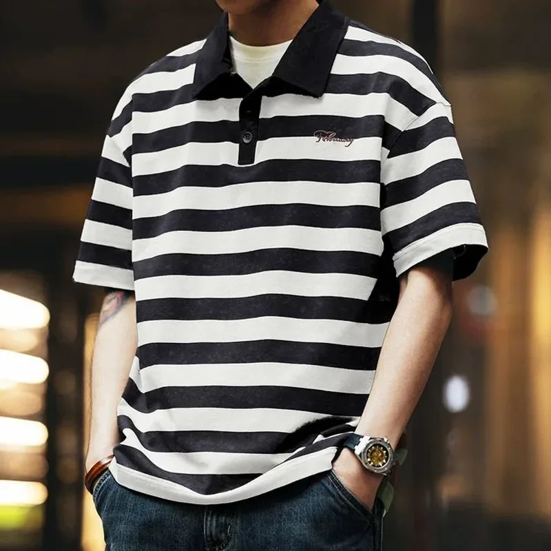

LIBIELIY American Retro Tie-dyed Striped Polo Shirt Men's Summer Large Size 300 Catties Loose Bead Floor Short-sleeved T-shirt T