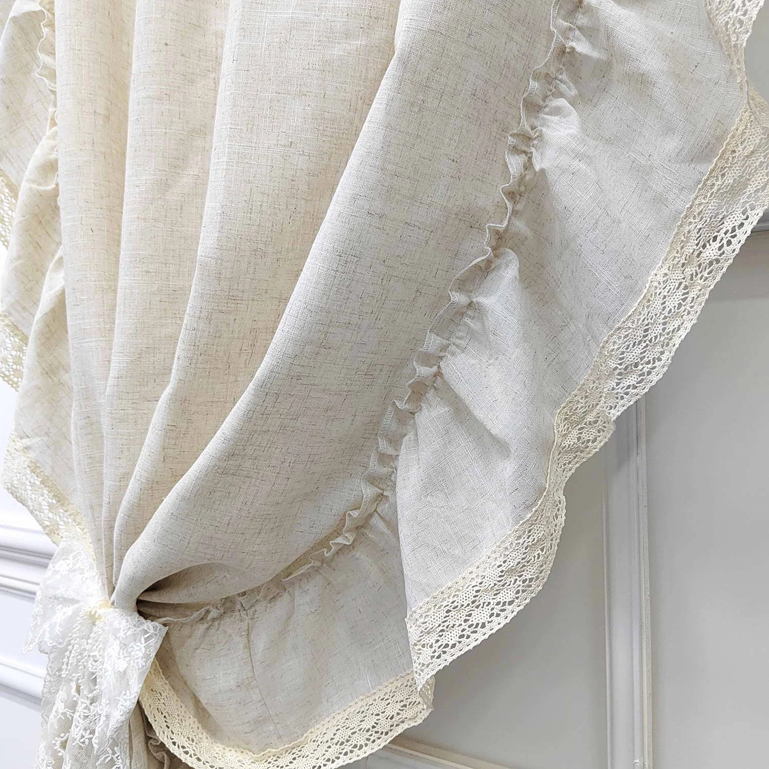 French Ruffle Semi Sheer Curtains, Plain Faux Linen Textured Vintage American Farmhouse Curtain for Living Room, Bedroom, Study