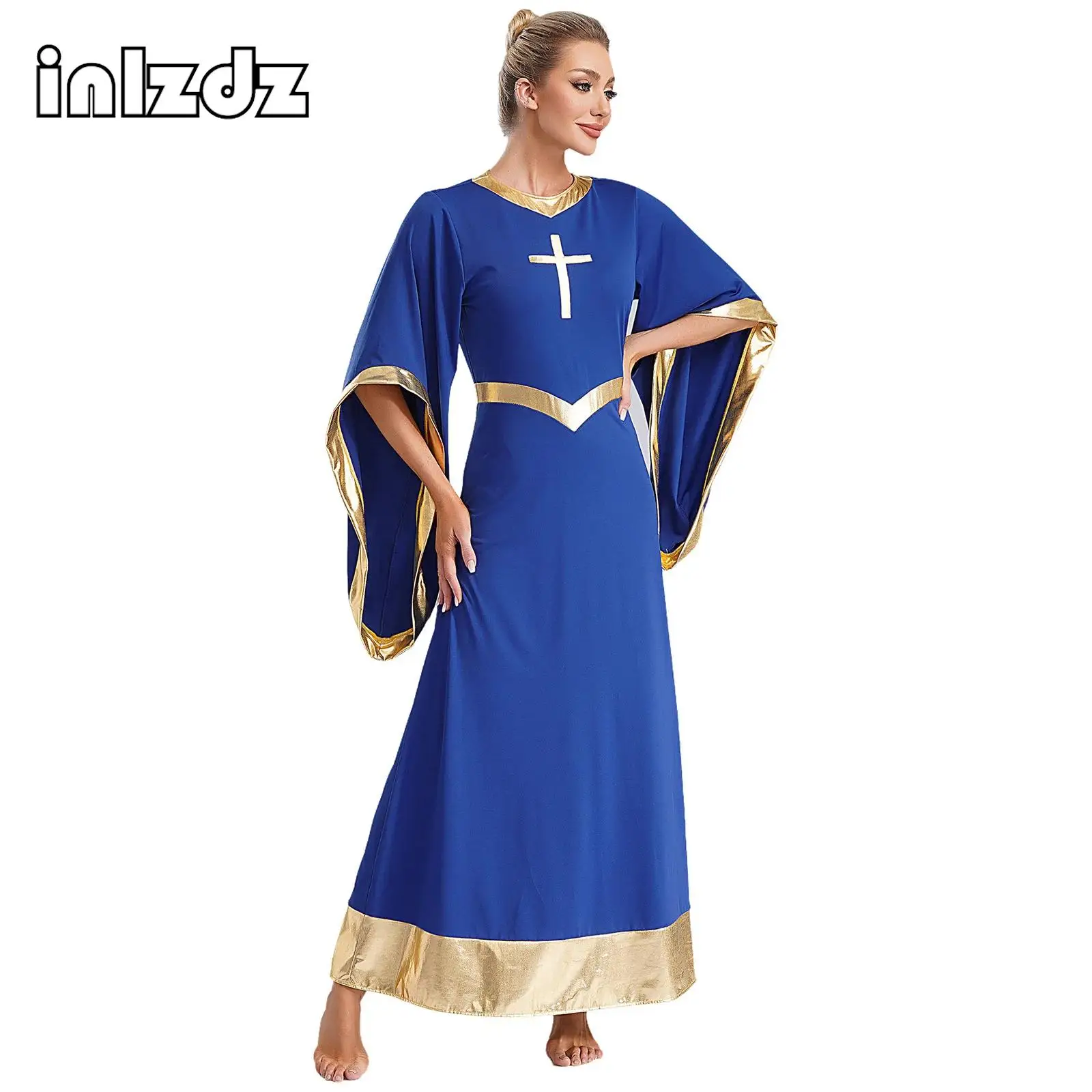 

Women Flared Sleeve Praise Dance Dress Loose Fit Full Length Church Liturgical Lyrical Dancewear Worship Costume Choir Dancewear