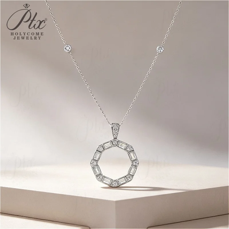 Moissanit-Halskette Baguette-Schliff 925 Sterling Silber Achteckiger Kreisanhänger Hohlkreiskette Luxus-Schmuck Geschenk für Frauen – Detail 6