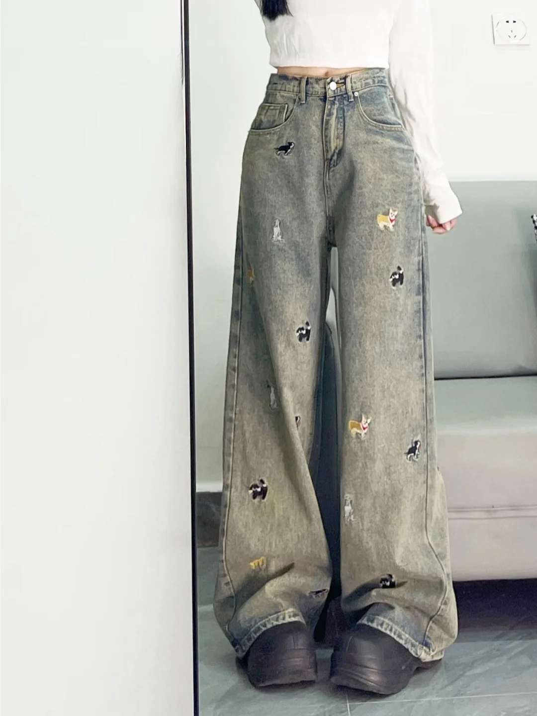 

Женские джинсы прямого кроя с вышивкой, повседневные, с высокой талией, широкие штанины, драпированные, винтажные, осенняя коллекция, модные