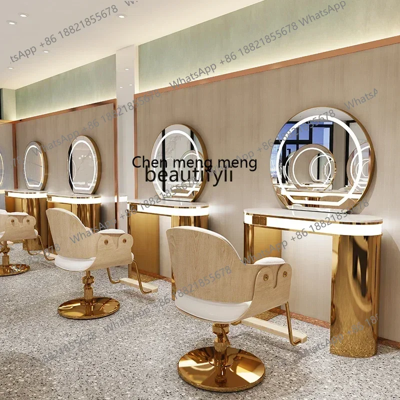 

X R0R Barber Shop with Light Dressing Table for Hair Salon with Desktop Hair Cutting and Perming Area Mirror Cabinet Integrated