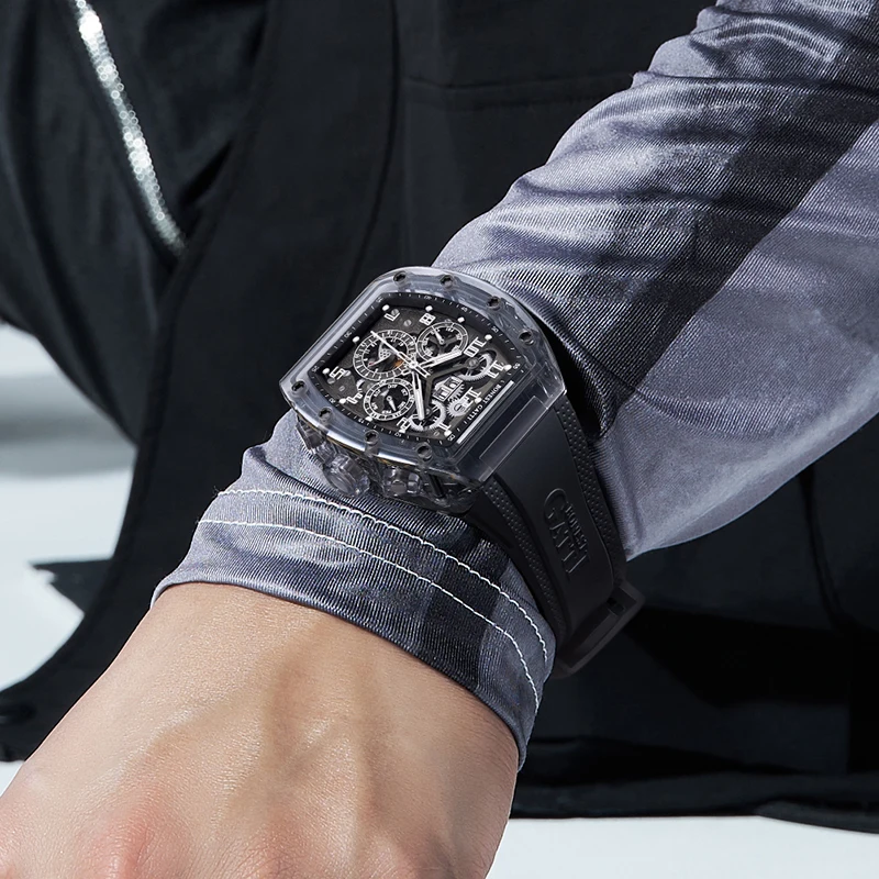 BONEST GATTI Men's Automatic Mechanical Watch with Crystal Glass CaseLuminous Rubber Strap Multi-Function Dial Luxury Wristwatch