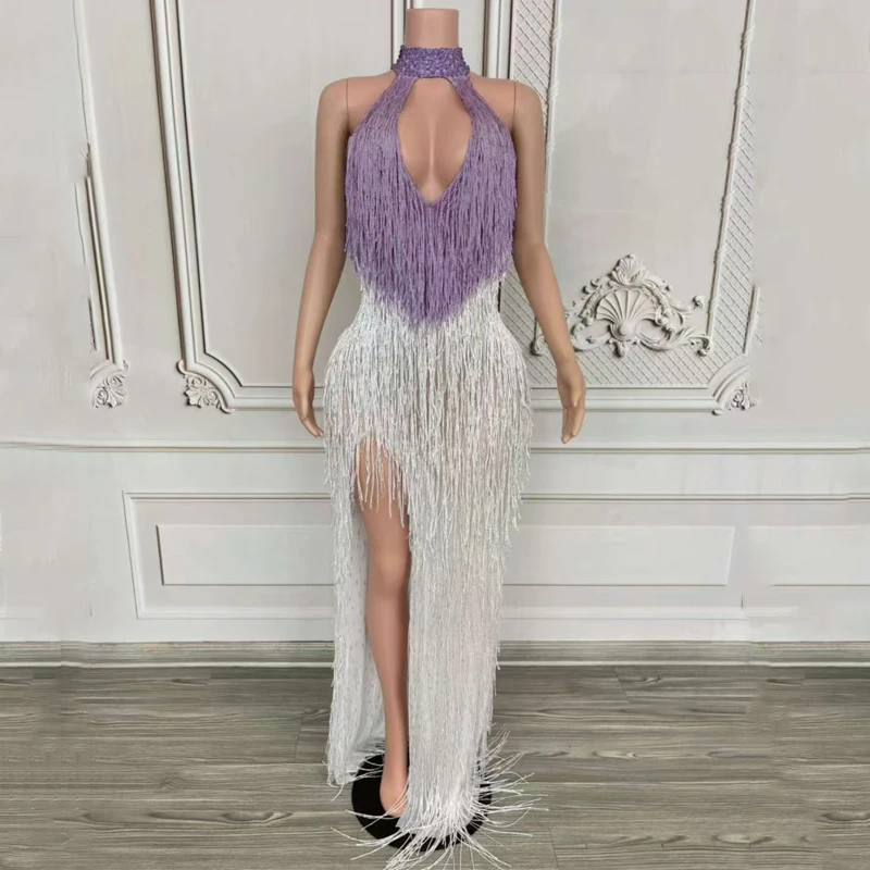 6 カラーブロックフリンジパーティードレス女性祝うフェスティバル衣装ナイトクラブバーイブニングドレスステージキャットウォーク衣装 XS10143