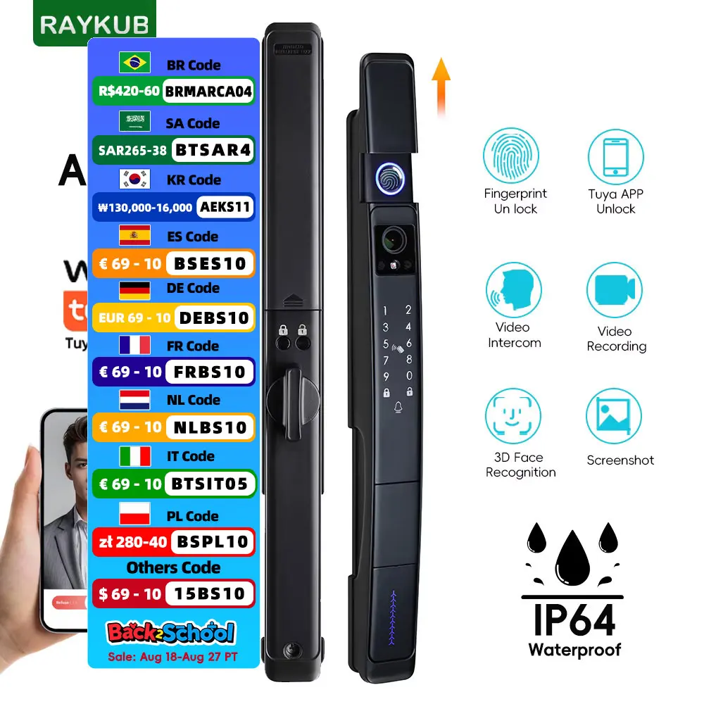 

RAYKUBE A216 Tuya WiFi Waterproof Visual Intercom 3D Face Recognition Digital Fingerprint Lock With Video Call Keyless Unlock