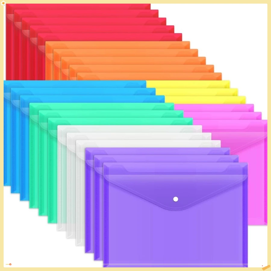 

28 пластиковых конвертов, пластиковые папки для документов, полиэтиленовые папки с застежкой-кнопкой, 8 цветов, размер А4, размер буквы