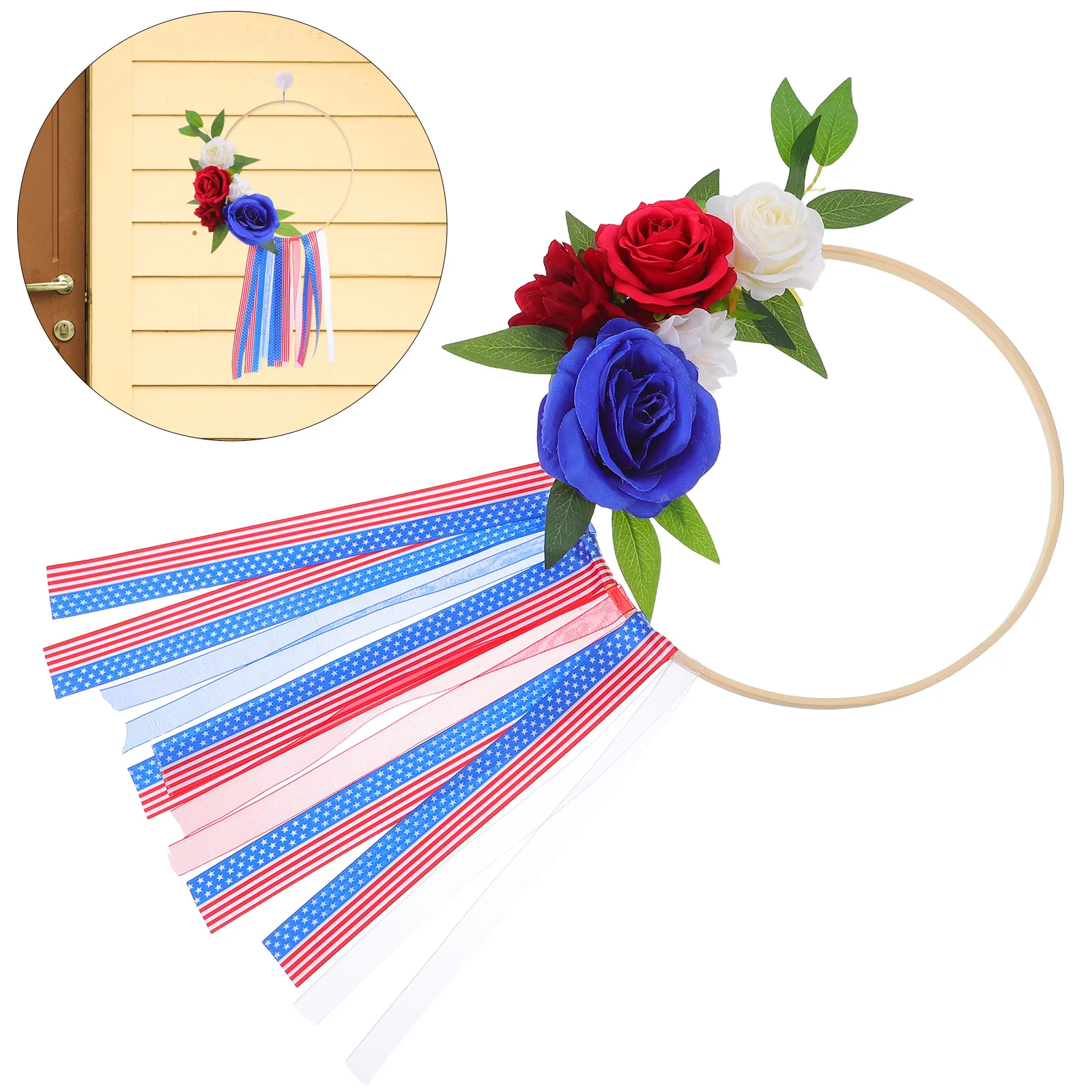 

Independence Day Floral Wreath Patriotic Red White Blue Flowers Bamboo Ring Front Door Hanging Outdoor Decor Summer Door Wreath