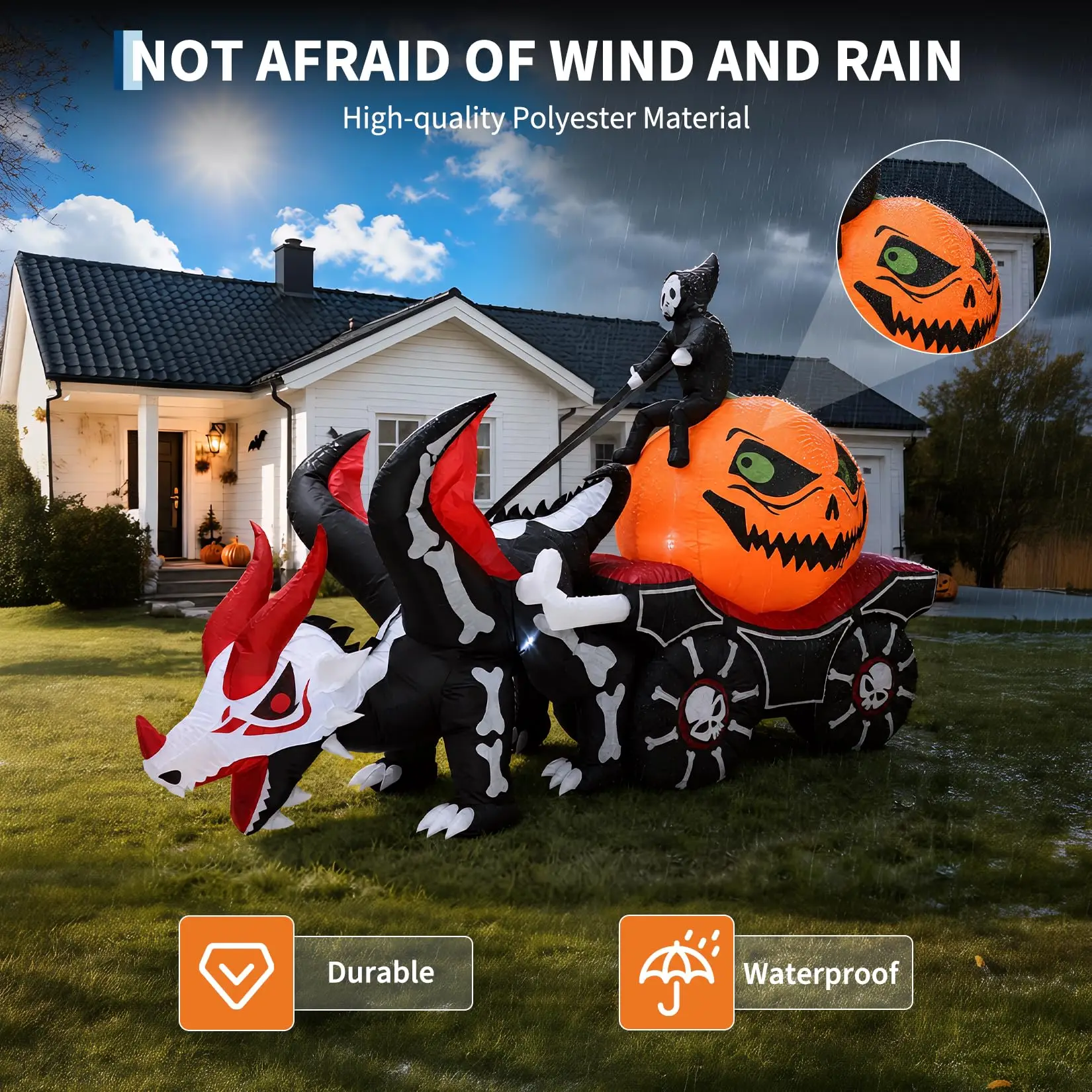 Carrozza di Halloween con zucche e figure gonfiabili a tema morto, lunga 8,9 piedi, con luci, decorazione da esterno per giardino, ornamento luminoso a LED, ideale per feste a tema, decorazioni per il