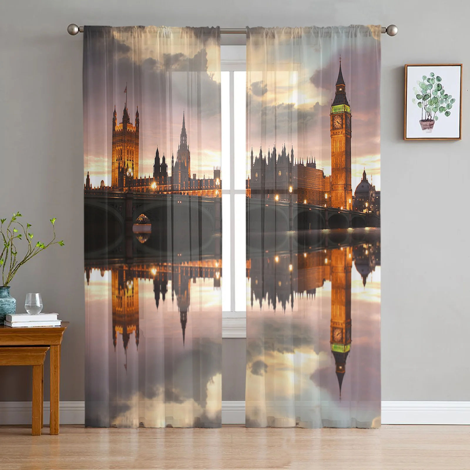 Rideaux transparents réfléchissants de Surface d'eau en Tulle, Voile pour fenêtre de salon, chambre à coucher, bâtiment de londres crépuscule