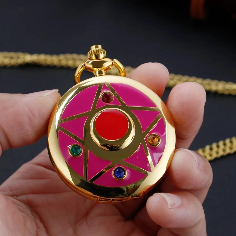 Japanese Anime Design Gold Quartz Pocket Girl Vintage Fob Watch Children's Gift Women Pendant Necklace Souvenir Necklace Gifts