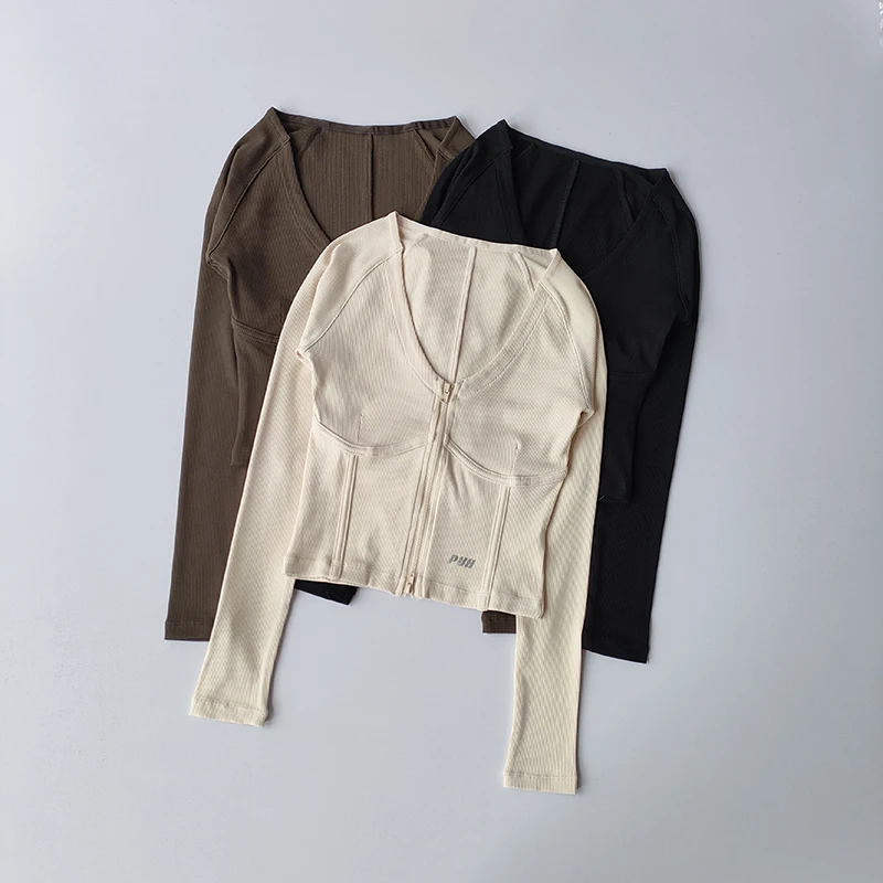 

Zip Front Sports Top for Women V-Neck Long Sleeve Workout Shirt Slim Fit Stretchy Yoga Clothing Athletic Training Top