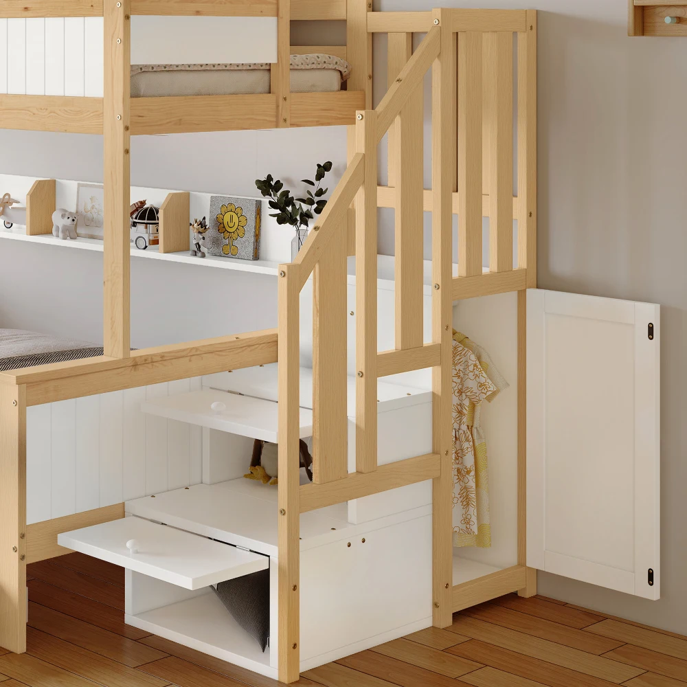 PINGGO Etagenbett 90x200/90x190/120x200cm mit Fallschutzgitter, 3-stöckiges Rollbett mit Kleiderschrank und Eck-Treppe, ohne Matratze – Detail 18