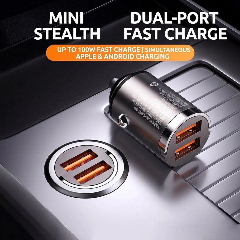 100W Total Power Fast Charging Car Adapter Mini Flush Fit Dual USB A QC Port Pull Ring Safe Auto Phone Charger For iPhone 17 16 view 2