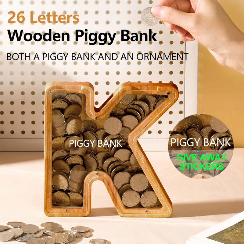 

26 Letter Piggy Bank Wooden Coin Money Saving Box Jar s Storage Desktop Ornament Home Decor Crafts Accessories