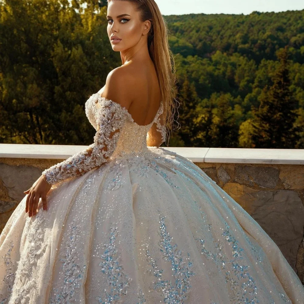 2024 Gorgeous Ball Gown Wedding Dresses Long Sleeve Off The Shoulder Shiny Beaded Sequins Dress Tailor Made Princess Party Gowns