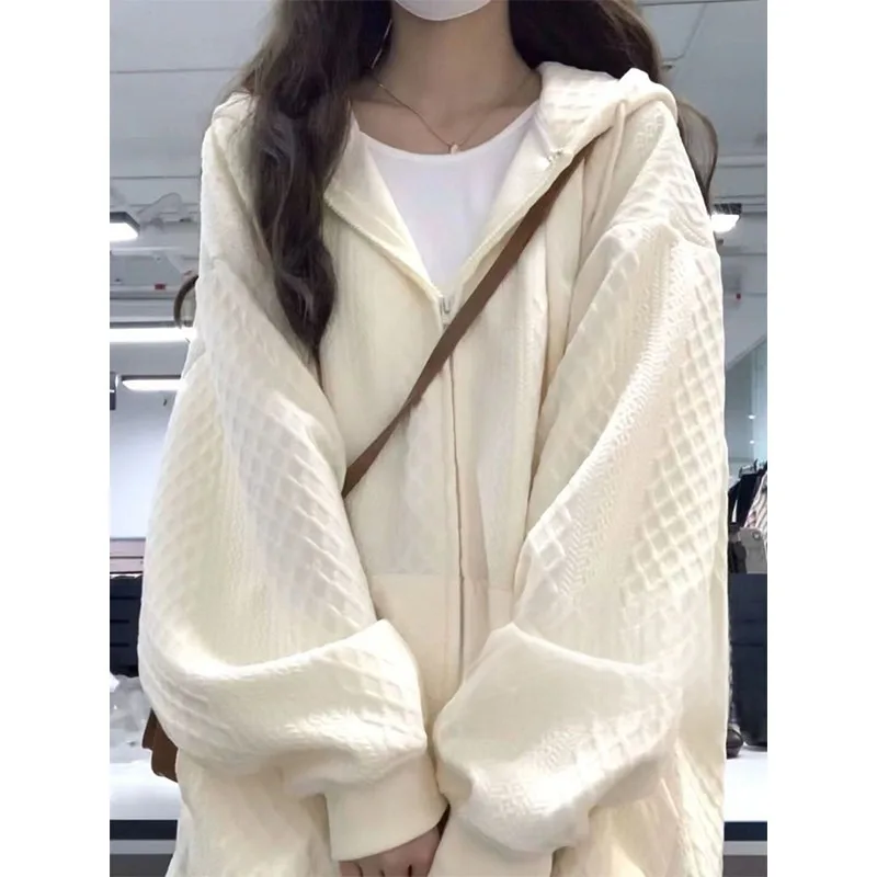 Women Ins  Style Spring Autumn Textured Hooded Zip Up Sweatshirt Loose Casual Student Outerwear Coat