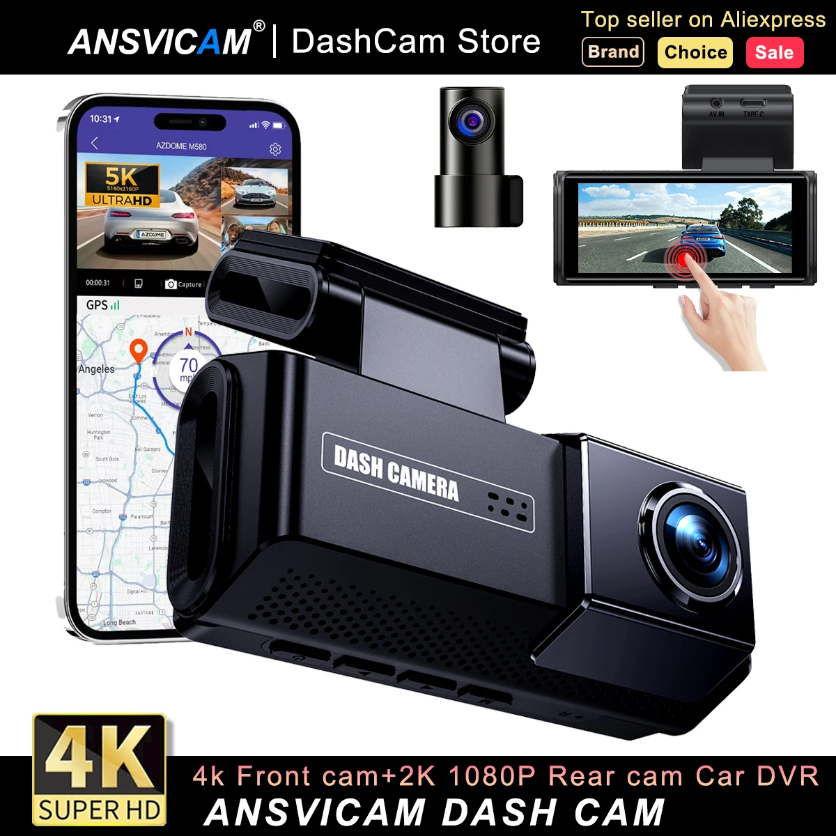 ANSVICAM 4K Dash Cam مسجل أمامي وخلفي مدمج GPS ADAS 2K كاميرا خلفية للرؤية الليلية 24H وضع ركن السيارة WiFi App التحكم