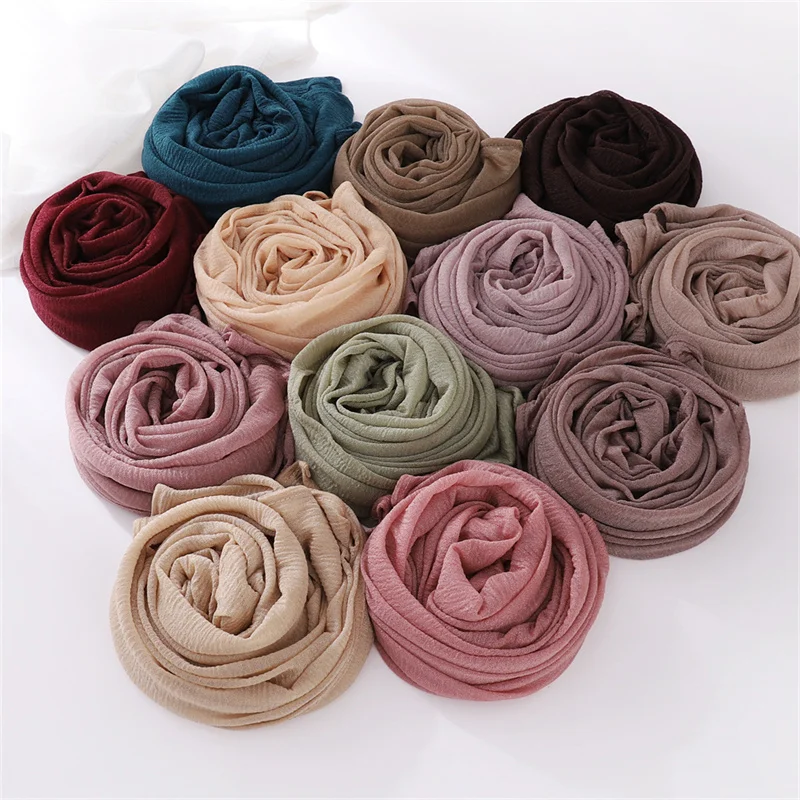 18Color New Ramadan Women's Breathable Wrinkled Solid Color Scarf Muslim Hijabs Soft Shawl Wrap Lady 70*170cm