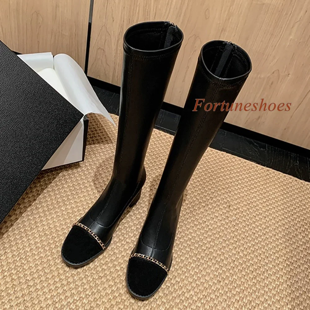 

Patchwork Round Toe Boots Back Zipper Chunky Heel Pumps 2024 Newest Spring/autumn Fashion Casual Knee High Genuine Leather Boots