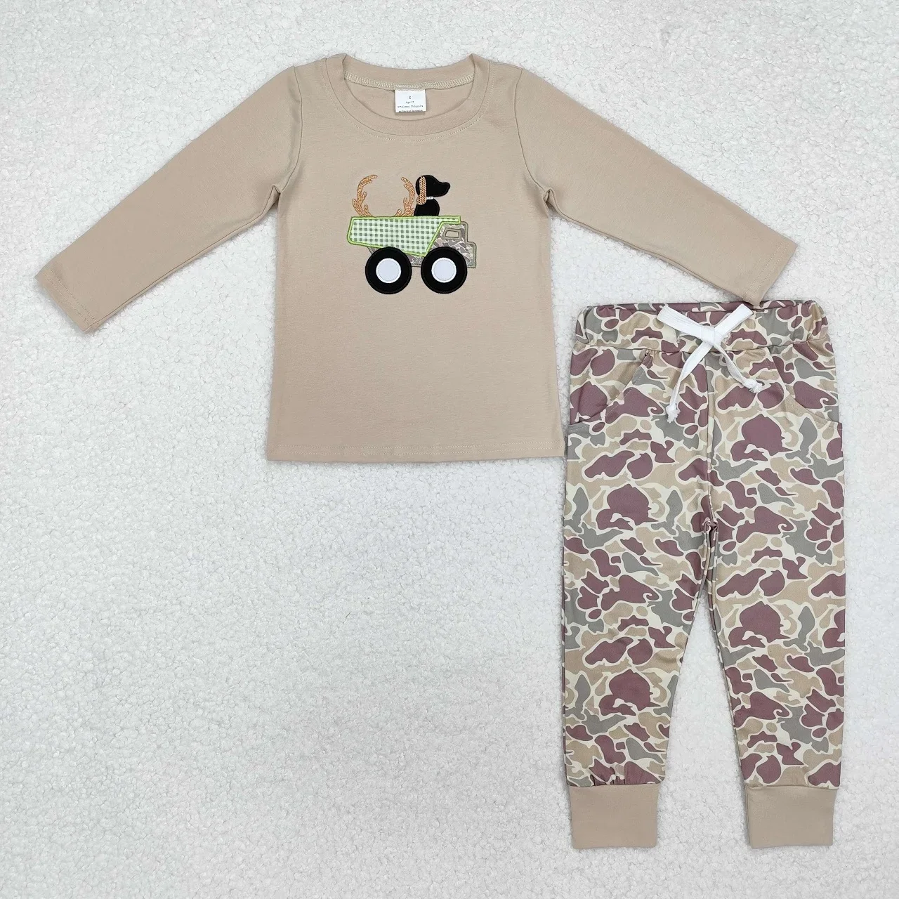 Wholesale Baby Boy Long Sleeves Dog Deer Truck Shirt Toddler Kids Embroidery Outfit Clothes Children Pocket Camo Pants Set