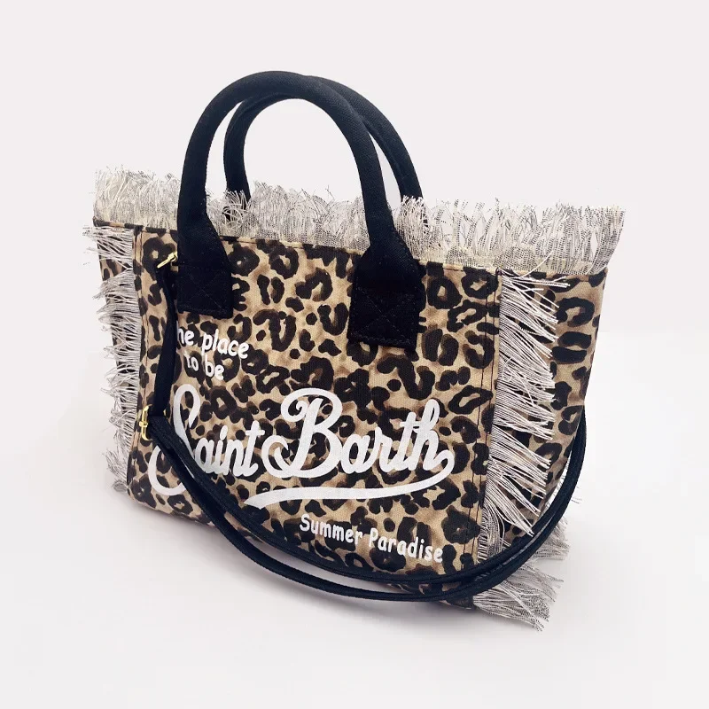 SAINT BARTH New Women\'s Large Capacity Leisure Travel Leopard Pattern Small Canvas Handmade Tassel Handbag Tote Bag Mommy Bag