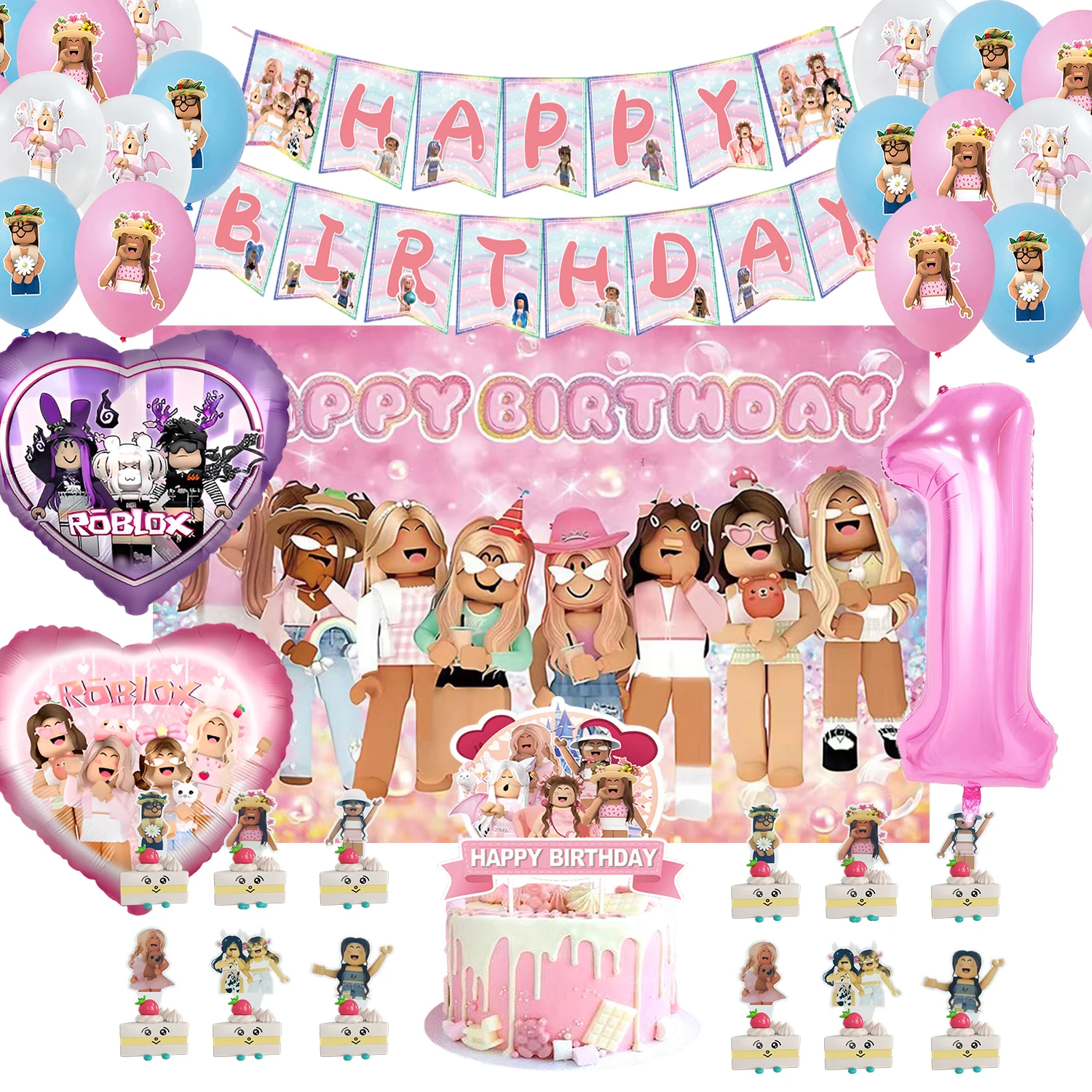 

ROBLOX Birthday Party Decoration Pull Flag Banner Balloon Cake Topper Set Party Supplies Girls Kids Boys Favor baby shower game