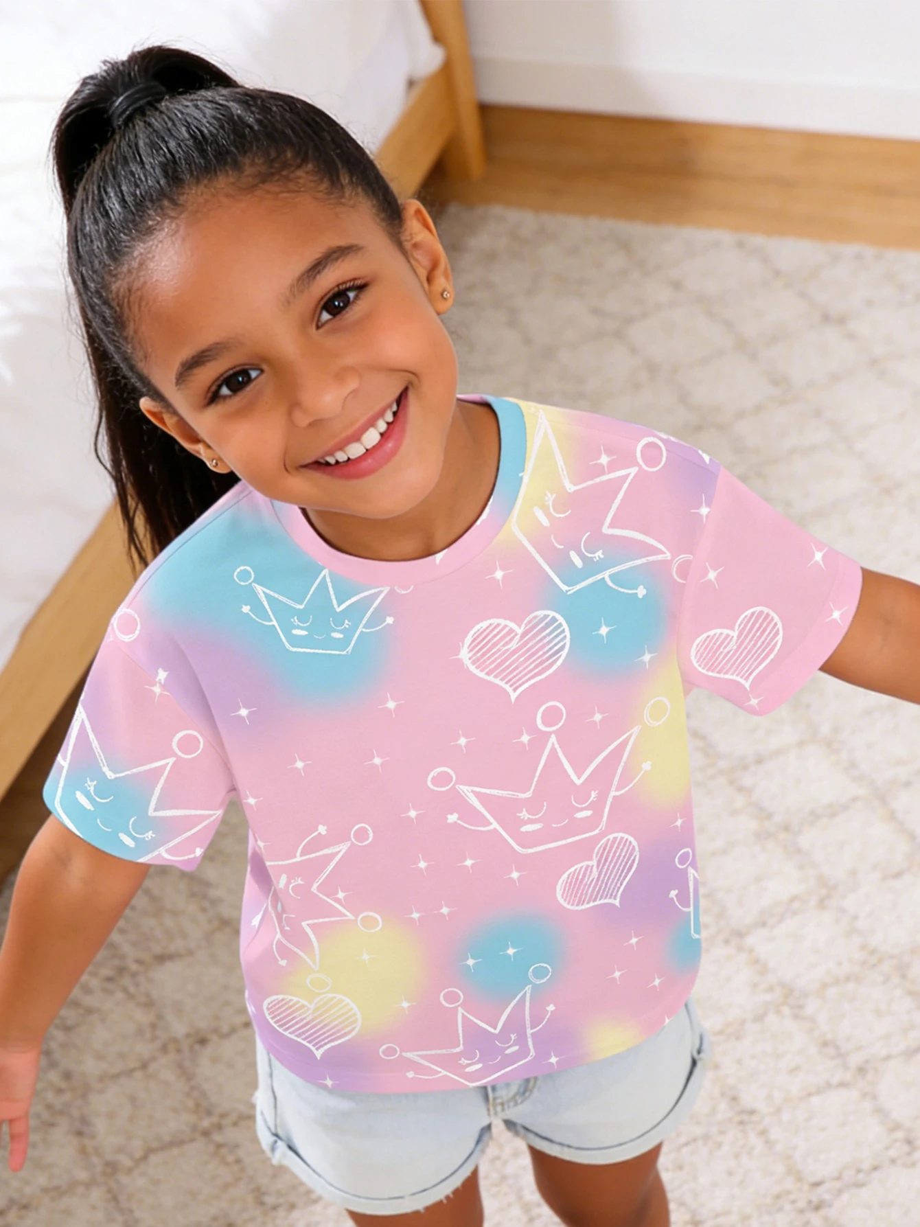 

2026 girls pink blue yellow gradual change tie-dye crown love short-sleeved T-shirt, casual top