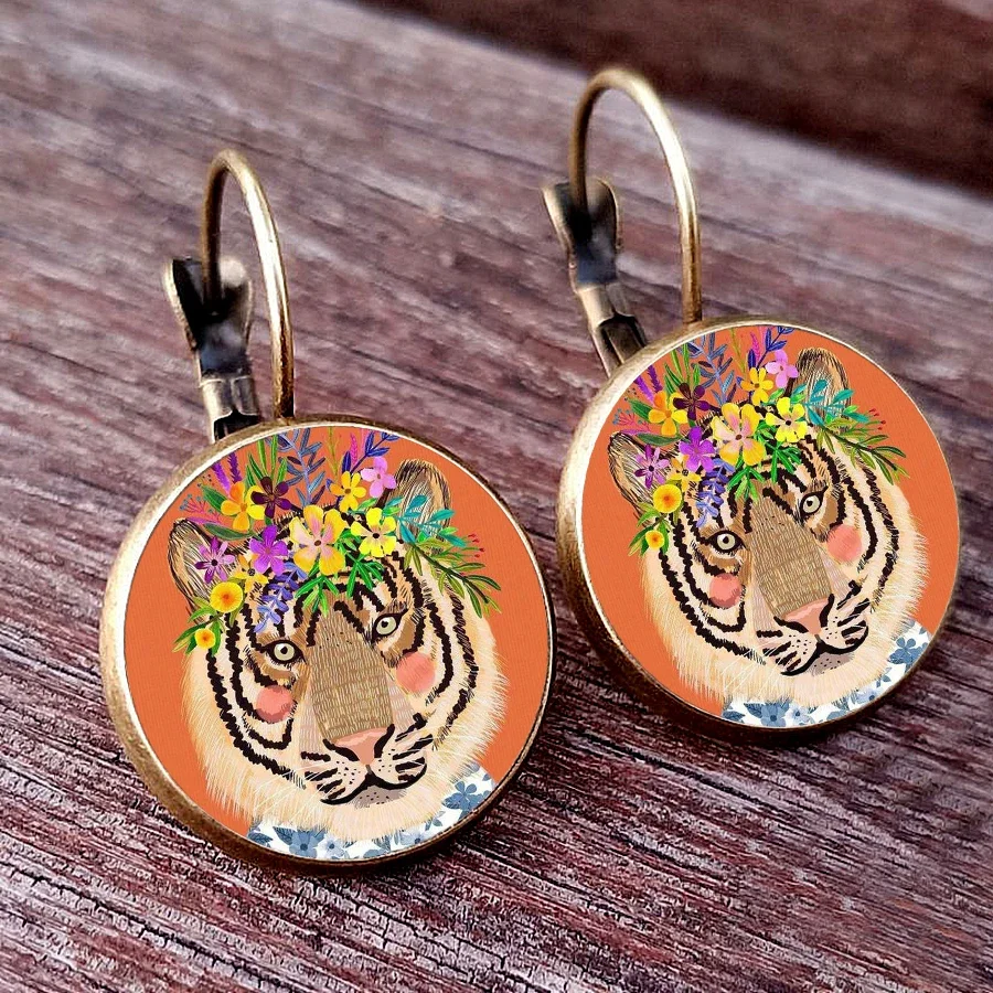 2024 moda arte tigre brincos floresta rei tigre vidro cabochão brincos vida selvagem feminino francês earhook jóias presente