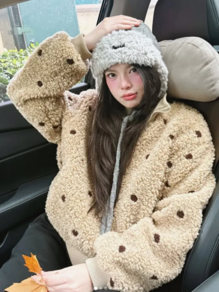 

Хлопковая куртка с мехом ягненка в горошек, женская свободная куртка с воротником-стойкой, осень-зима, теплое антивозрастное хлопковое пальто, модный топ