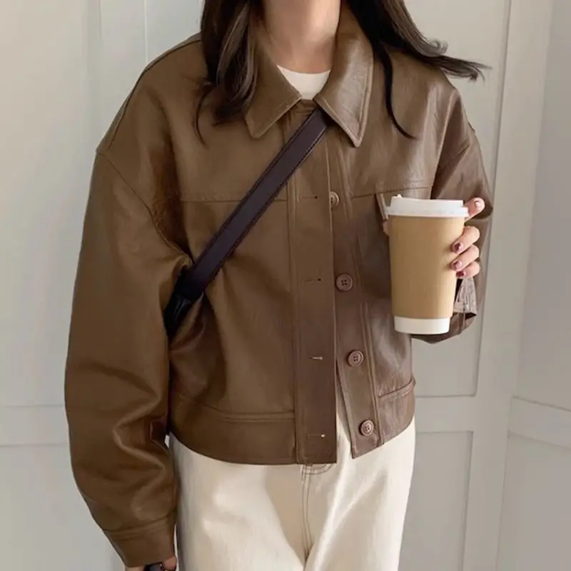 Women Faux Leather Coats Solid Short Jacket Turn Down Collar Long Sleeves Single Breasted Loose Office Lady Casual 2026 Spring