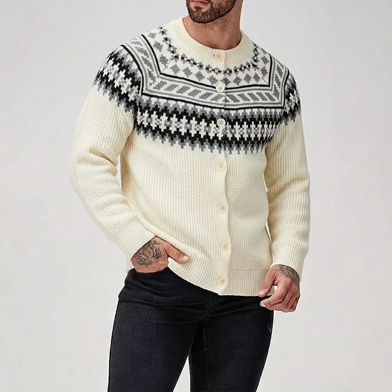 Autumn Winter Men's Geometry Fair Island Cardigan Sweater Male Christmas Knitwear Pattern Christmas Sweater Button Cardigan Knit