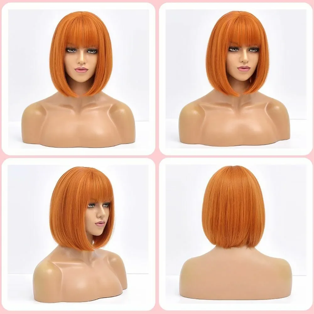 Wig Bob lurus pendek, rambut Cosplay wanita harian poni sintetis Lolita alami