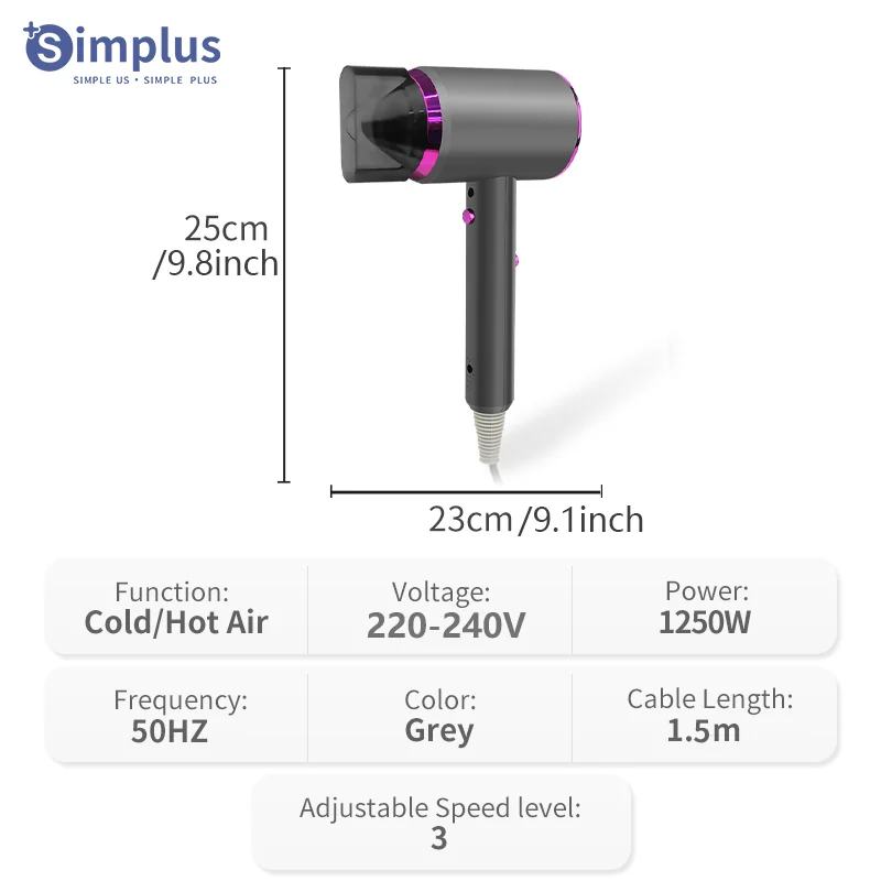 Simplus Electric Hair Dryer 1250W High Speed Negative Ions, Professional Care Hair, Low noise, Overheat protection, 220-240V