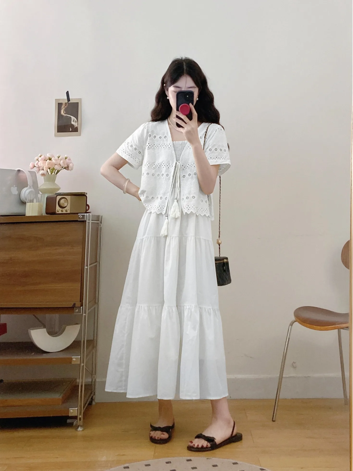 

plus Size Women's Gentle Style Two-Piece Set Summer New Design Hook Flower Short Sleeve Top Overlap Strap Dress Korean Loose Fit