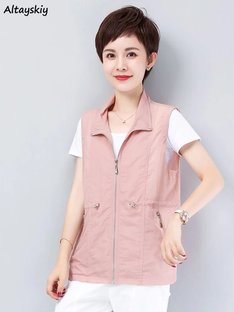 

M-4XL Women Sleeveless Vests Summer Thin Casual Mature Ladies Simple Loose Waistcoats All-match Turn-down Collar Elegant Ulzzang