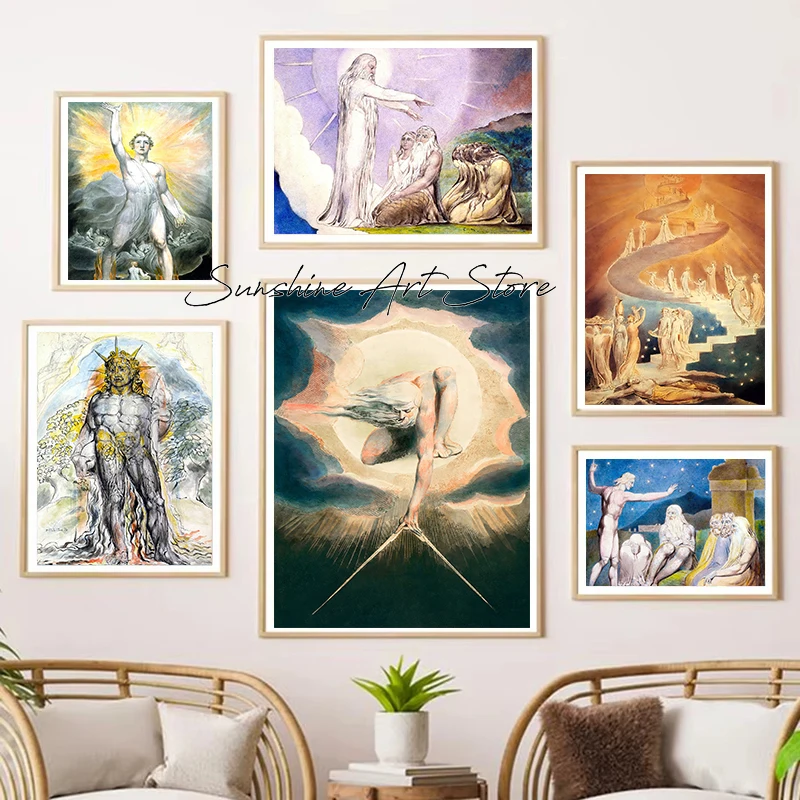 William Blake Vintage Bellas Artes El Dragón Rojo Setting A Brújula Jacobs Escalera Póster Pintura en lienzo Imágenes de pared Decoración del hogar