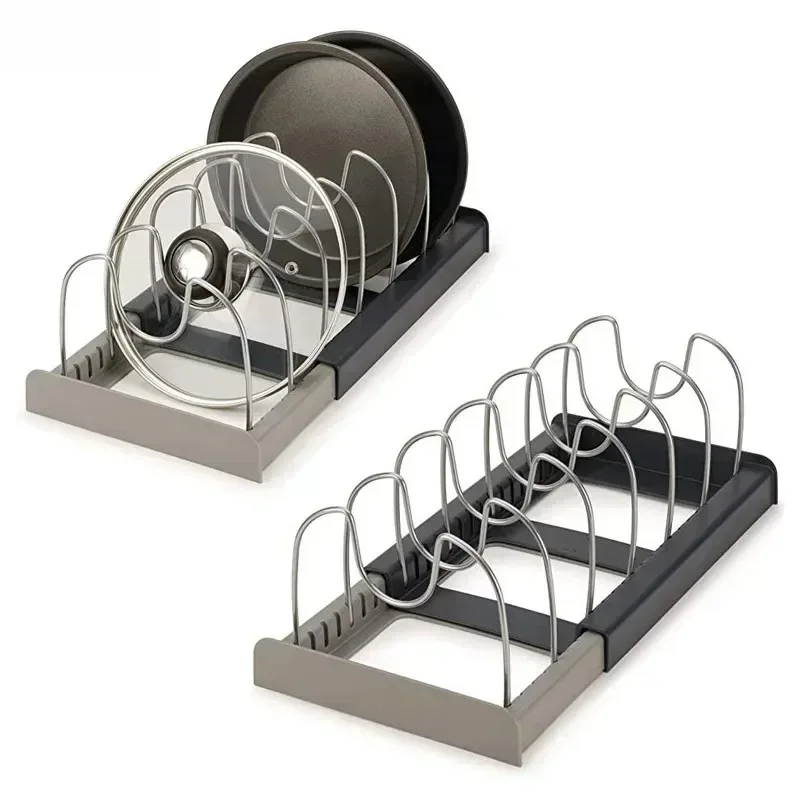 

An expandable pot rack for cabinets, pots, and lid racks, with 6 adjustable partitions