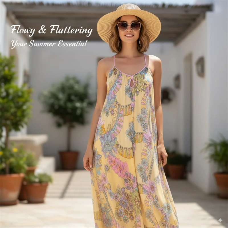 فستان صيفي مطبوع عليه زهور للنساء فستان طويل فضفاض بياقة على شكل حرف V وحزام سباغيتي - ملابس منتجع عطلة متدلية