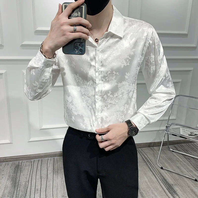 Male Luxury Print Shirt Punk Gothic Dress Shirts Korean Style Men Vintage Designer Shirt Long Sleeve Night Club Men Social Shirt