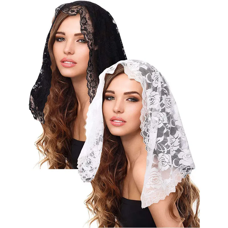 White Black Lace Catholic Veil Mantilla for Church Head Covering Scarf Flower Mass Voile Shawl Kerchief For Muslim Women