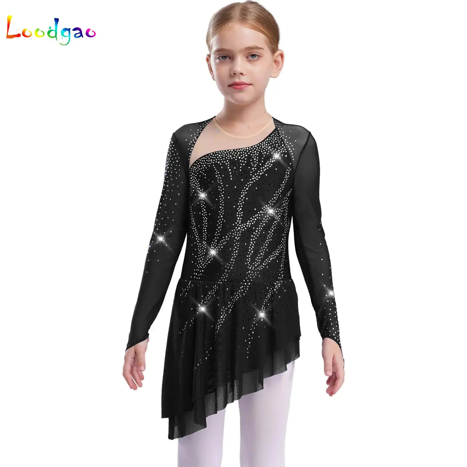 

Kids Girl Lyrical Dance Ballet Tutu Dress Gymnastics Leotard Long Sleeve Rhinestone Figure Skating Costume Ballerina Party Dress